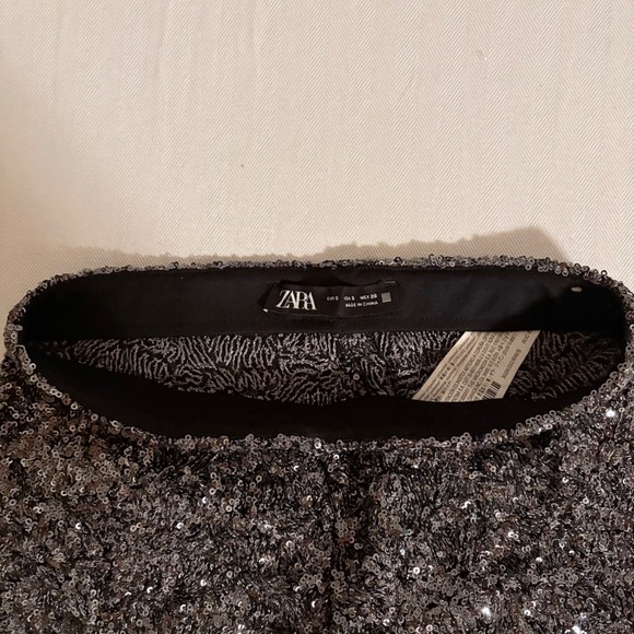 Zara Womens Dark Silver Sequin Flare Stretch Pants Sparkly Glitter Party SZ S - Picture 10 of 16